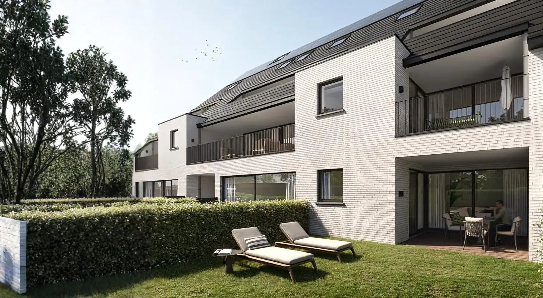 Render van een nieuwbouwresidentie met tuin en terrassen